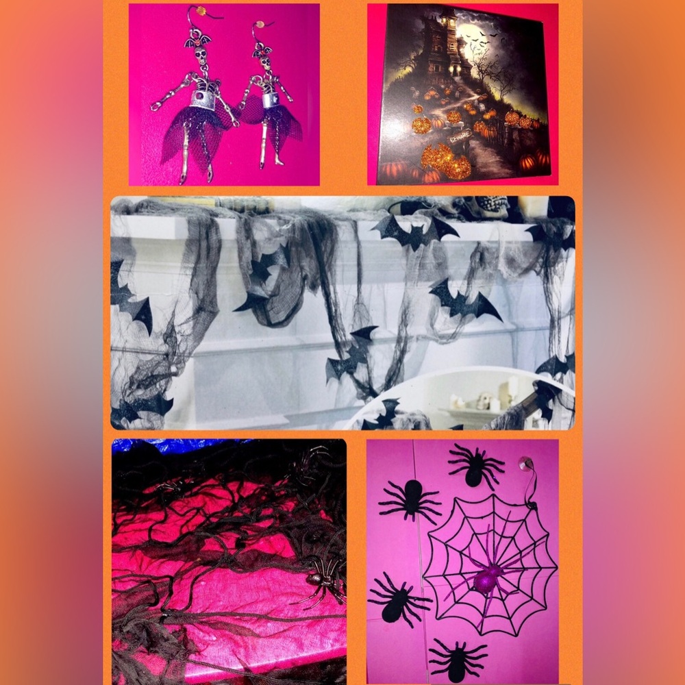 5 Halloween Decor Lot Spiders, Bats Skulls Earrings Jewelry Pumpkin Home Frame
